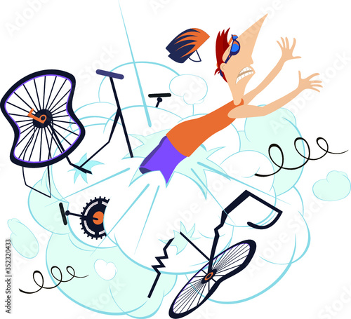 Cyclist man falling down from the bicycle isolated illustration. Cyclist man falling down from the bicycle isolated on white illustration 
