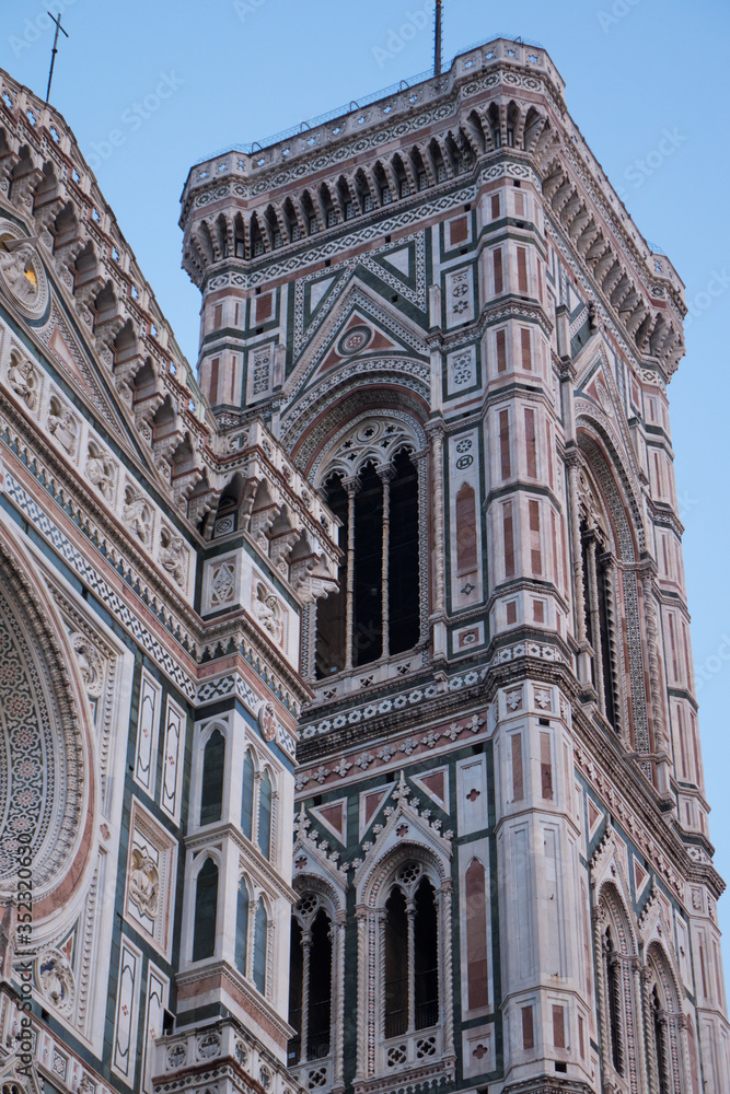 Exterior / facade of the Cathedral of Santa Maria del Fiore in Florence, Italy. Look onto the tower top