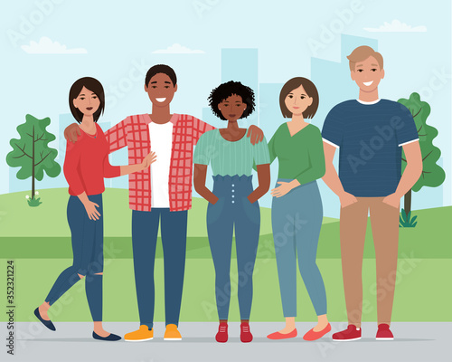 Happy people, friends together. Young boys and girls in the park after quarantine. Vector illustration in flat style