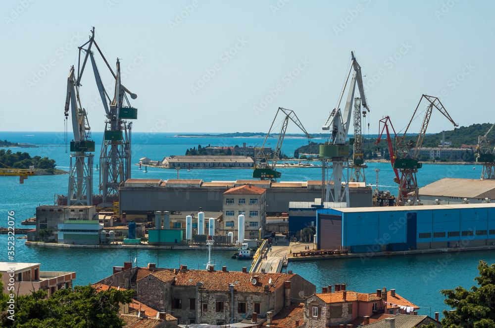 Shipyard cranes at Pula, Istria, Croatia
