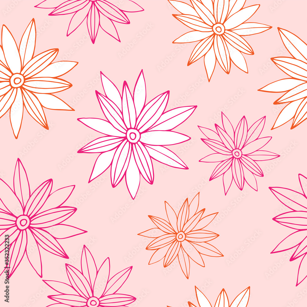 Hand drawn seamless floral vector pattern. Vector background of doodle floral elements. 