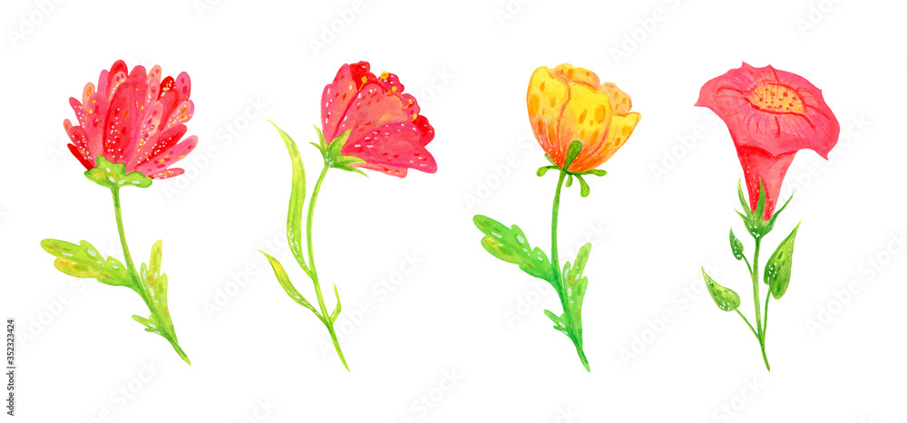 .Set of abstract spring flowers and leaves for festive decoration and design. Bright children's illustration, clipart on a white background. Pink, Yellow, green plants.
