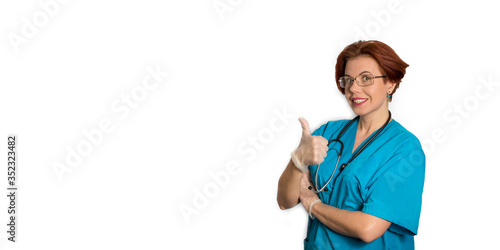 Friendly doctor pediatrician on white isolated background. Banner.