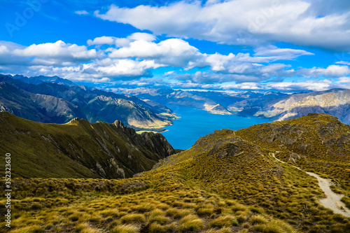 Breathtaking Lake Hawea view from the top of the Isthmus Peak Track, Otago, South Island, New Zealand