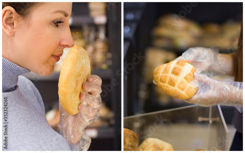 Collage with woman and female hand who chooses bread in bakery store. Concept of healthy food, bio, gluten free photo