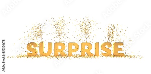 Fotografi mot surprise en lettres dorées sur fond blanc avec confettis