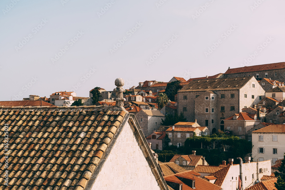 View from the wall on the tiled roofs of the old city of Dubrovnik.