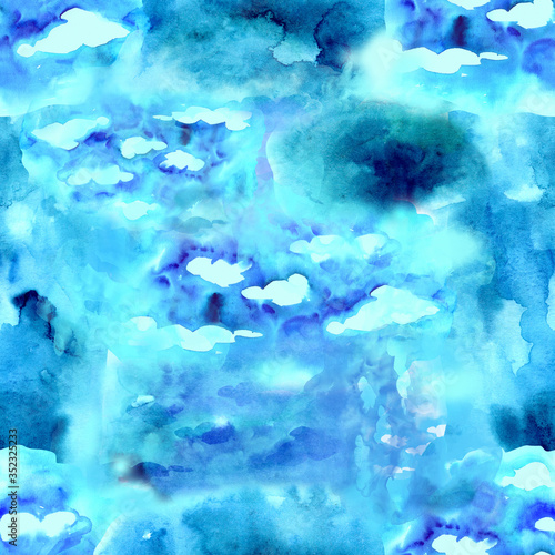 Blue sky watercolor background. Seamless pattern. Hand drawn. Artistic