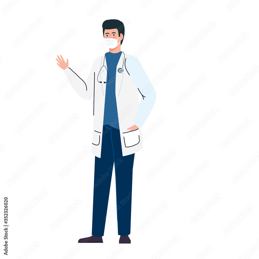 masculine doctor using medical protective mask against covid 19 on white background vector illustration design