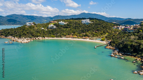 Aerial view of Figueira beach (Praia da Figueira) - Governador Celso Ramos. Beautiful tripal beach in Santa Catarina - Brazil