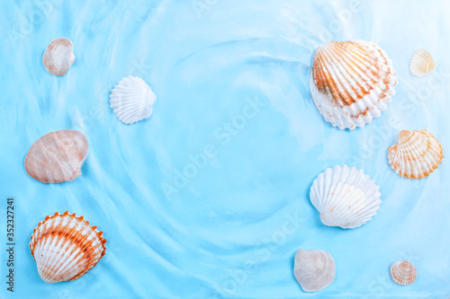 Sea shells of different sizes underwater, copy space. Various seashells in blue water with waves, top view, summer background