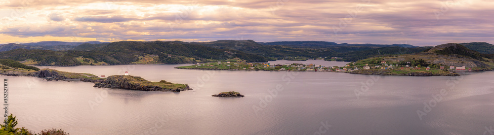 Panorama of Trinity Bay as seen from the Skerwink Trail located in Port Rexton, Newfoundland. Fort Point (Admirals Point) lighthouse can be seen in the bay. 