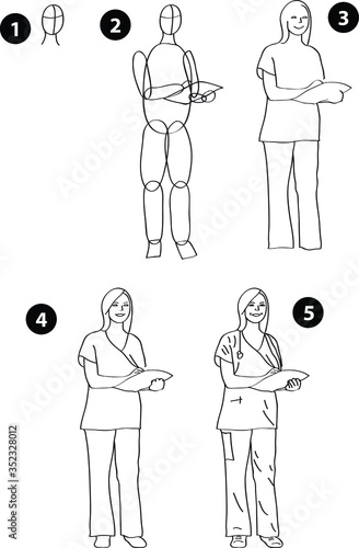 Drawing learn step by step tutorial techniques people occupations set with professions jobs business working trade career province for kids workbook isolated background. Vector illustration nurse