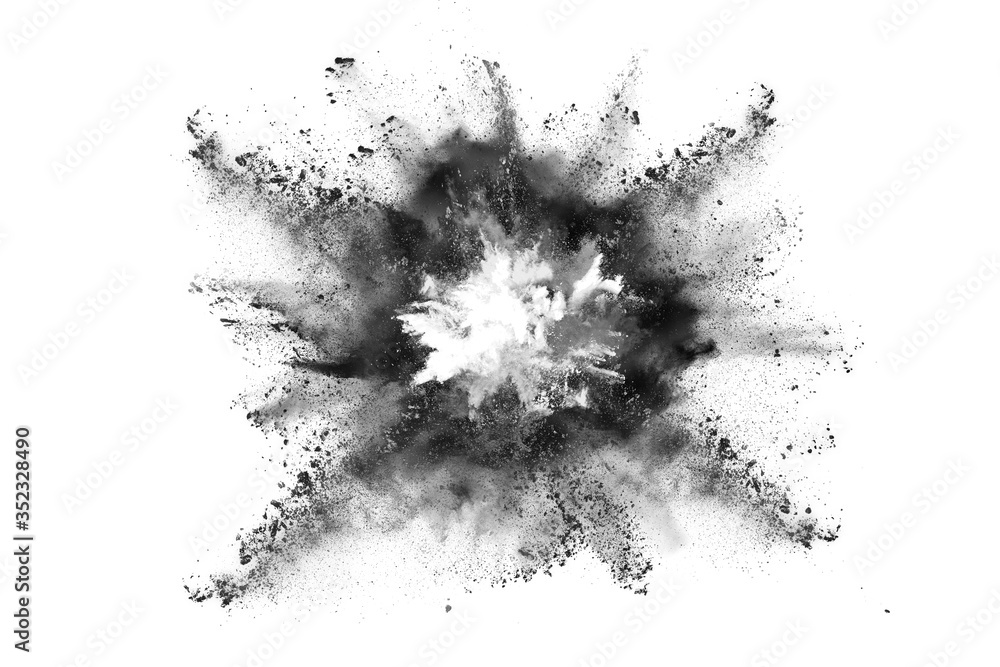 particles of charcoal on white background,abstract powder splatted on white background,Freeze motion of black powder exploding or throwing black powder. - obrazy, fototapety, plakaty 