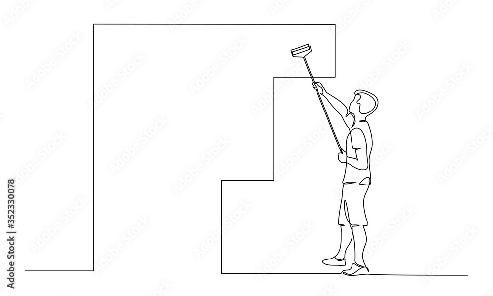 Man painting wall using roller stick. Continuous one line drawing