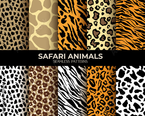 Animal fur seamless patterns set  leopard  tiger and zebra vector backgrounds. African animals fur and skin hair texture  simple brown jaguar stripes  black panther and beige giraffe spots pattern