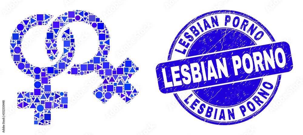 Geometric lesbian symbol mosaic icon and Lesbian Porno seal stamp. Blue vector round grunge seal with Lesbian Porno message. Abstract mosaic of lesbian symbol composed of spheric, tringle,