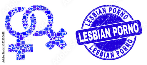 Geometric lesbian symbol mosaic icon and Lesbian Porno seal stamp. Blue vector round grunge seal with Lesbian Porno message. Abstract mosaic of lesbian symbol composed of spheric, tringle,