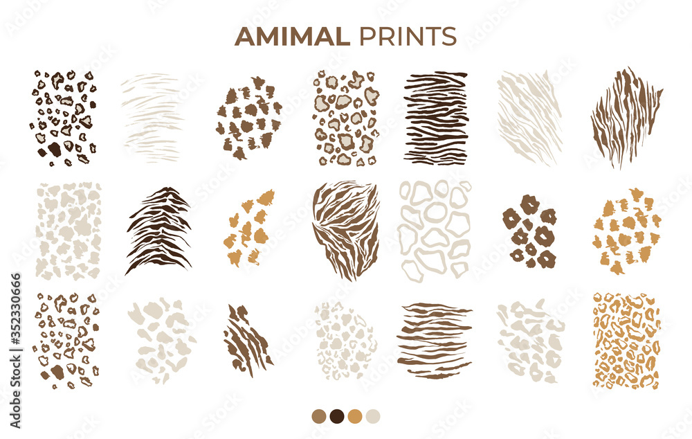 Tiger prints patterns, safari animals skin of leopard, jaguar and zebra,  vector texture decoration elements. Safari animals print patterns, panther  cheetah and giraffe fur hair leather isolated set Stock Vector | Adobe