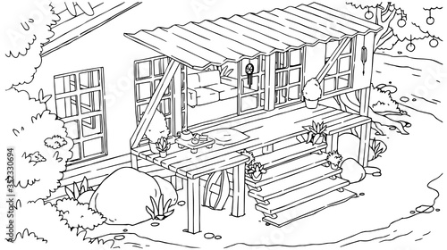 Outline seashore beach bingalow with terrace and stairs. Vector hand drawn isolated tropical house. Coloring book page.