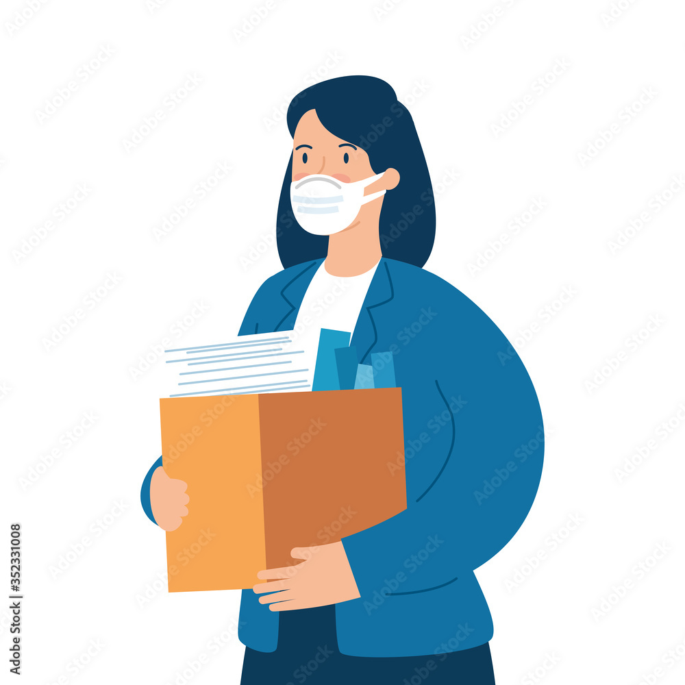 woman unemployment concept, company worker holding stuff in box, from coronavirus crisis covid 19 vector illustration design