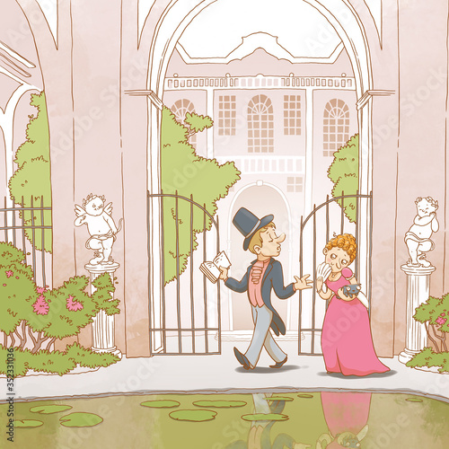 Victorian cartoon lady in vintage dress and gentleman in retro style suit and cylinder hat with poem book. Hand drawn romantic man and flirty woman near rich medieval mansion with gate entrance.