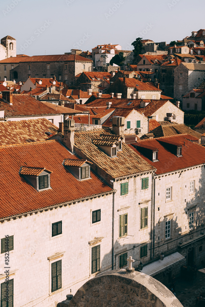 View from the wall on the tiled roofs of the old city of Dubrovnik.