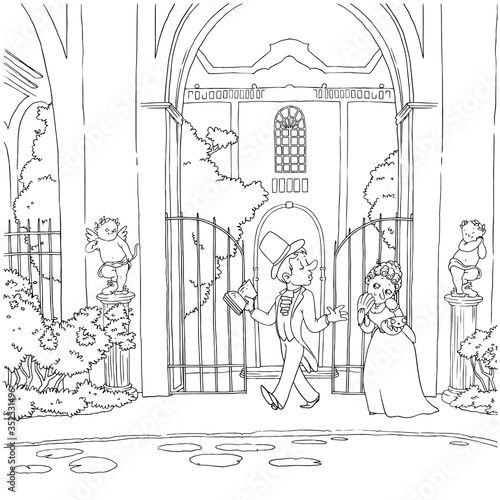 Outline victorian cartoon lady in vintage dress and gentleman in retro style suit and cylinder hat with poem book near rich medieval mansion with gate entrance. Vector hand drawn coloring book page.