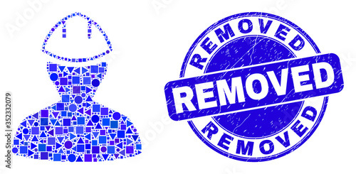 Geometric worker mosaic pictogram and Removed stamp. Blue vector round distress stamp with Removed caption. Abstract mosaic of worker made of sphere, tringle, square geometric elements.