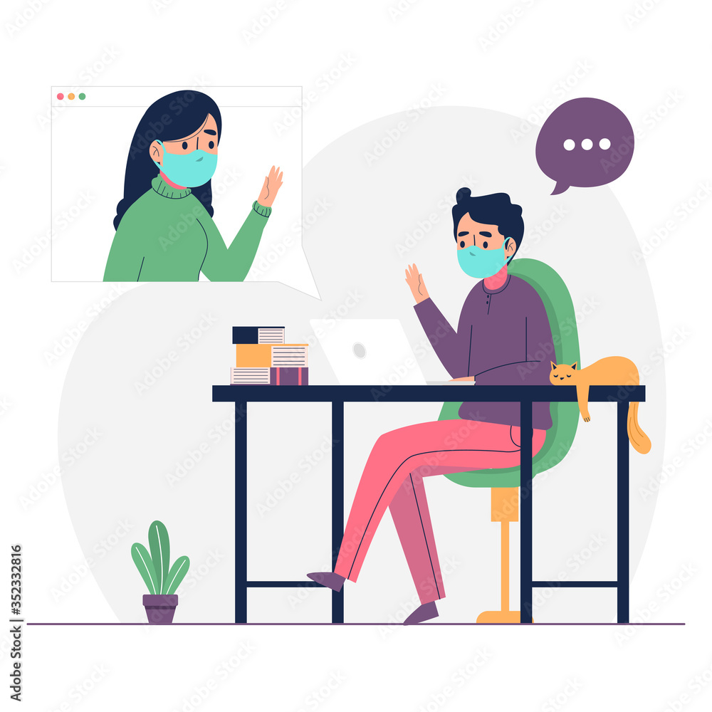 Young man working from home vector illustration