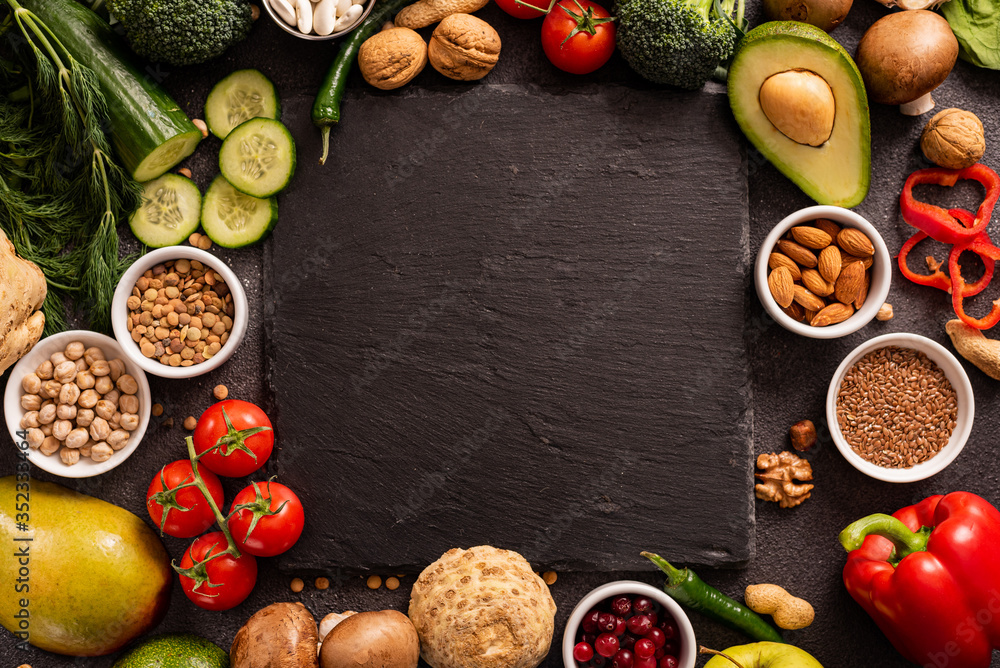 Fresh raw vegetable ingredients for healthy cooking. Diet or vegetarian food concept, horizontal composition. Top view, copy space. Fresh raw vegetable ingredients for healthy cooking. Diet or vegetarian food concept, horizontal composition. Top view, copy space.