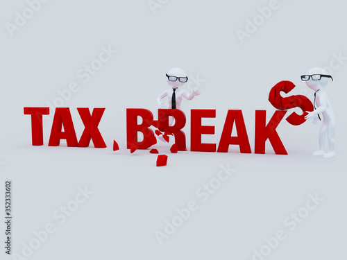 Two businessman stick figures breaking tax breaks. 