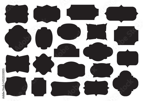 Retro labels. Collection blank decorative badges. Black different shapes vintage frames. Vector illustration