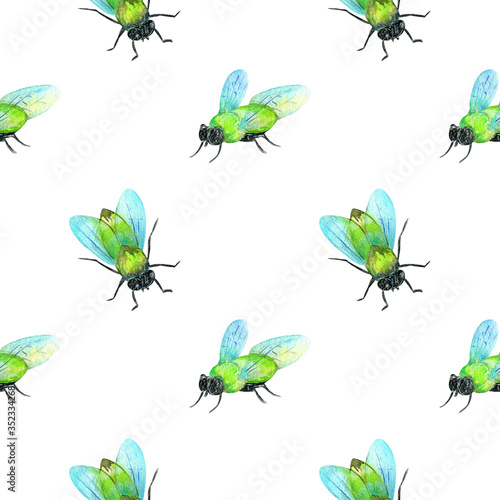Watercolor fly seamless pattern in neon colors. Green and blue, perfect for t-shirt prints, halloween celebrations. Can be used for printing onto fabric. © MarfaMa