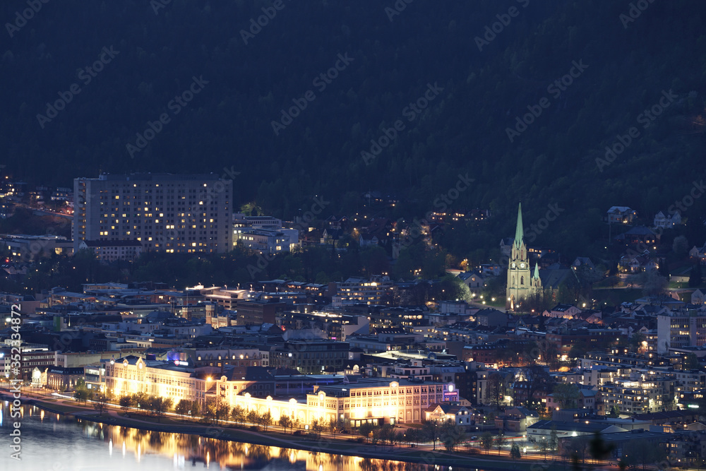 Drammen city in Norway night view. Photo from the popular view point.