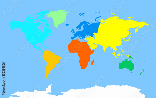 World map divided into seven continents