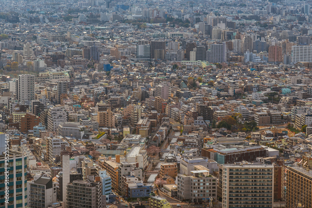 Tokyo endless suburbs, a wall of concrete buildings. View of Shinjuku, Nagano e Suginami district from above