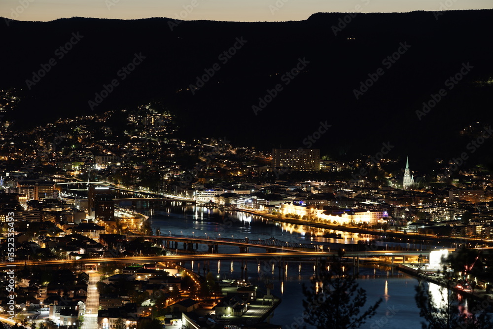 Drammen city in Norway night view. Photo from the popular view point.