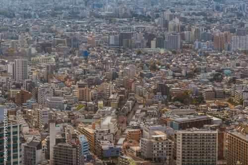 Tokyo endless suburbs, a wall of concrete buildings. View of Shinjuku, Nagano e Suginami district from above