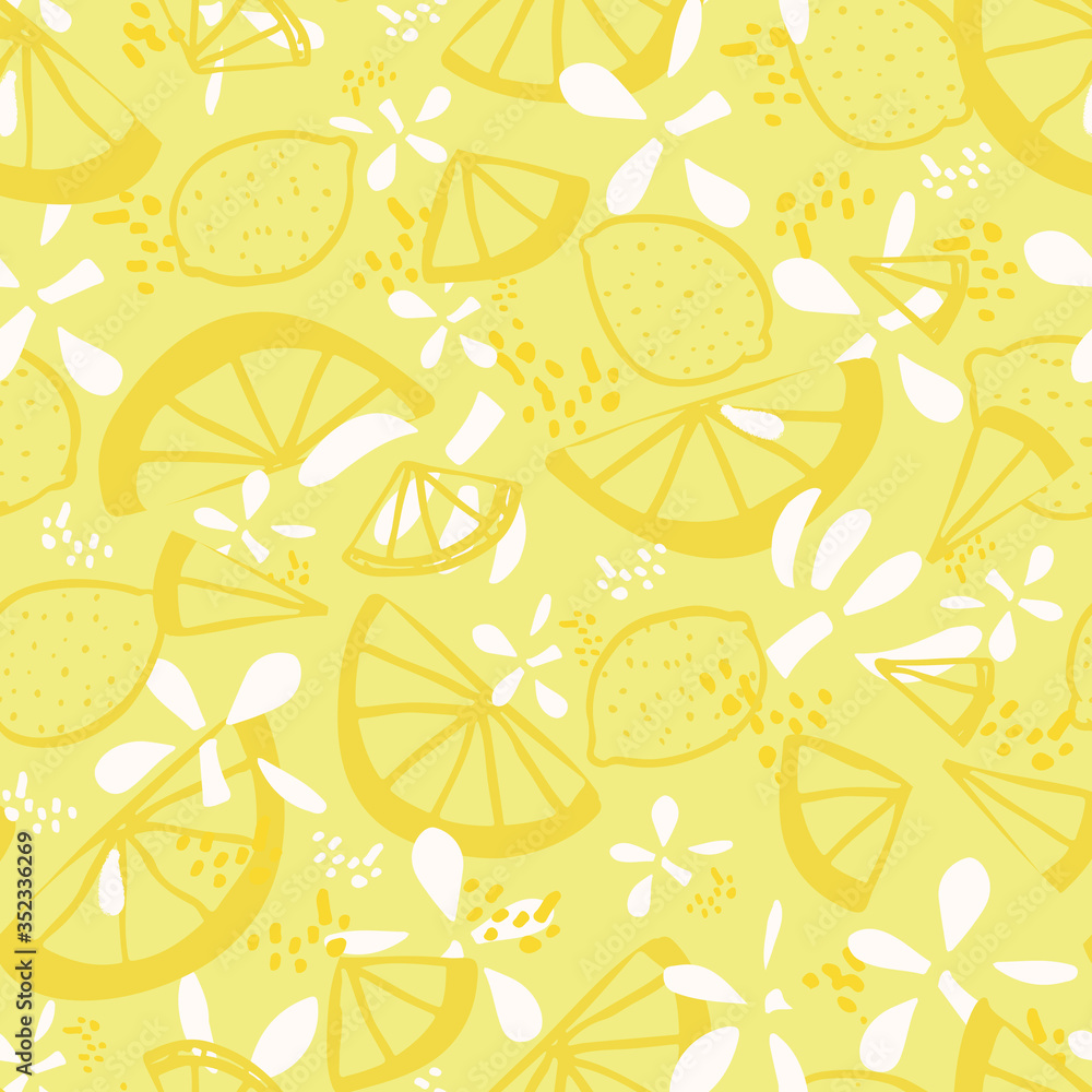 Vector lemon citrus fruit fresh summer floral repeating pattern. Hand drawn textured citrus fruit pattern with texture on yellow background. Modern yummy backdrop.