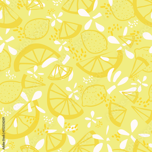 Vector lemon citrus fruit fresh summer floral repeating pattern. Hand drawn textured citrus fruit pattern with texture on yellow background. Modern yummy backdrop.