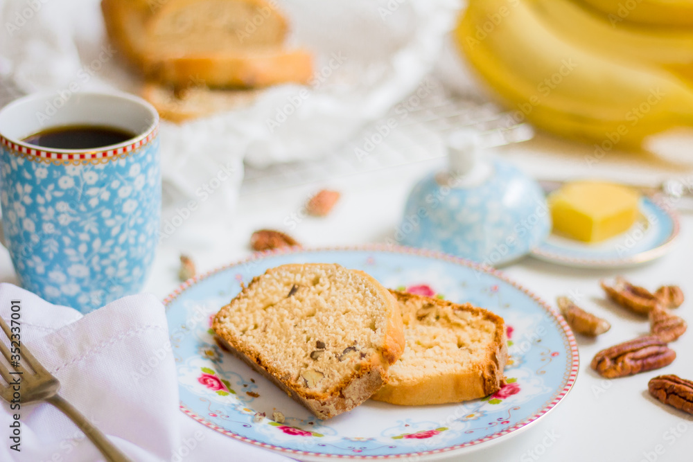 banana bread on a beautiful breakfat scene banana bread on a beautiful breakfat scene