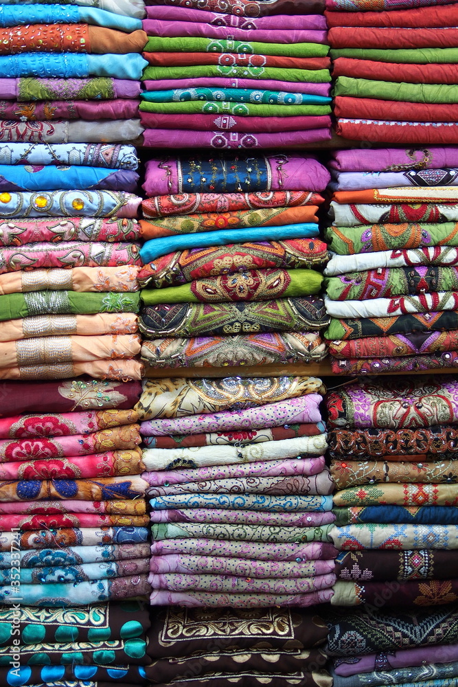 multicolour textile shop windows of national dresses