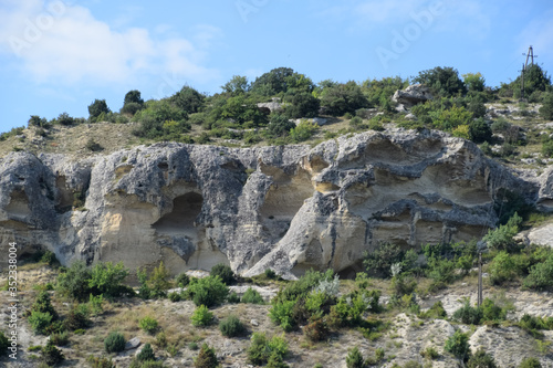 Limestone cliffs with sample of material, limestone erosion in the rocks.