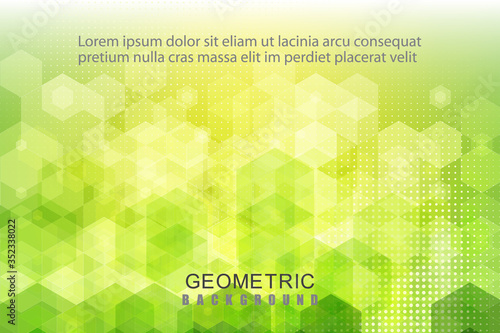 Geometric vector green background, hexagons and halftone gray dots. Brochure Template