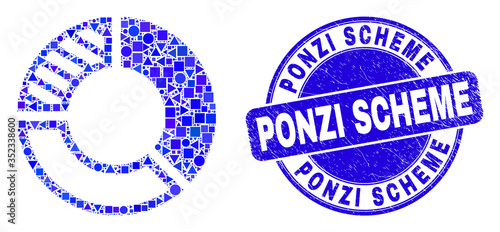 Geometric pie chart mosaic icon and Ponzi Scheme stamp. Blue vector round distress seal stamp with Ponzi Scheme text. Abstract collage of pie chart designed of round, tringle, square geometric spots.