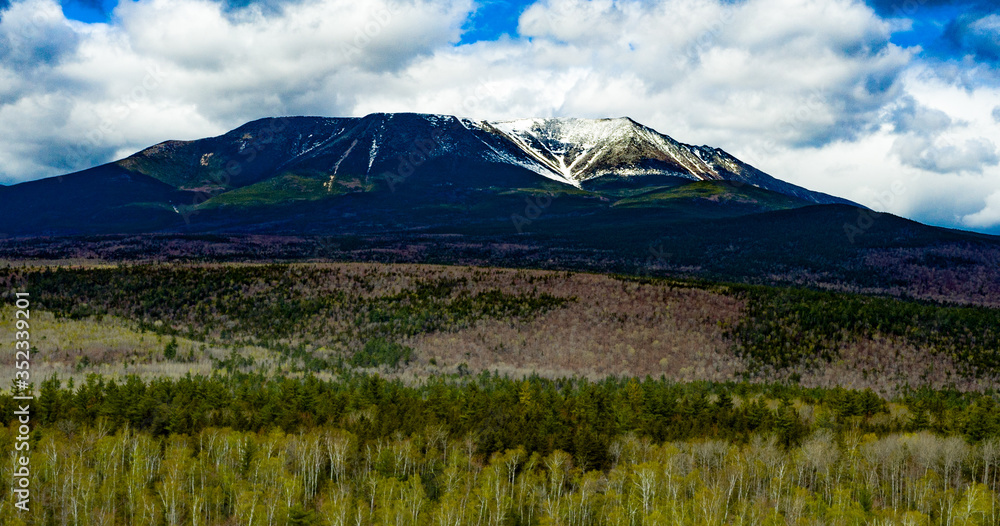 Mt. Katahdin Maine in spring time snow capped mountain