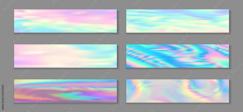 Holography modern banner horizontal fluid gradient unicorn backgrounds vector collection. Girlish 