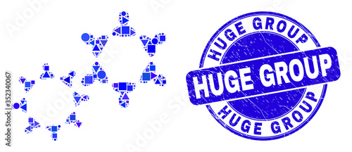 Geometric people collaborations mosaic pictogram and Huge Group stamp. Blue vector rounded grunge seal stamp with Huge Group caption. Abstract mosaic of people collaborations organized of circle,
