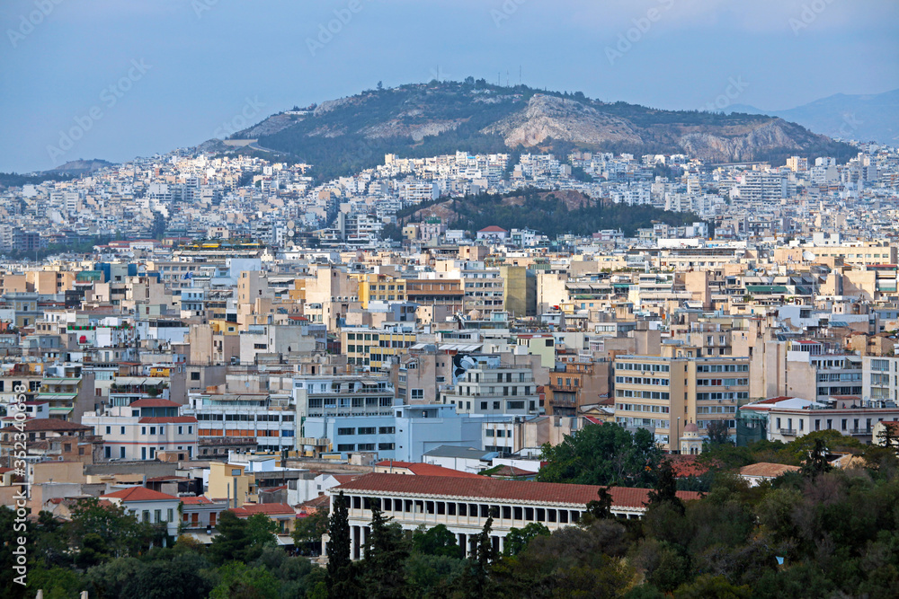 Colourful buildings around the city of Athens, Greece .
